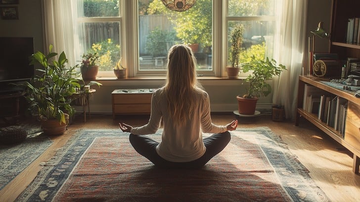 Woman meditating peacefully in a calm room