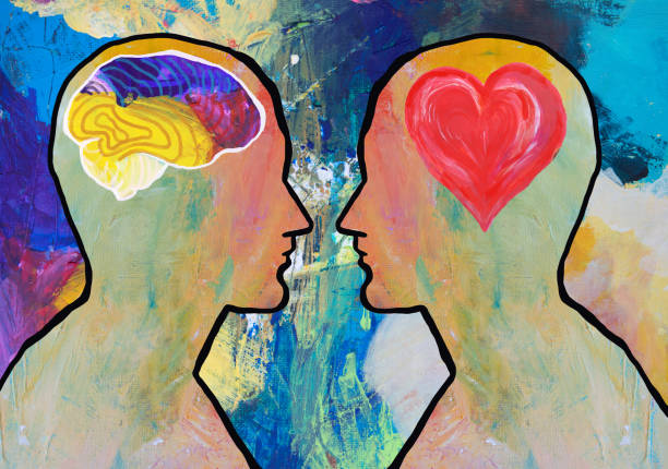 Two illustrated human heads side by side, one with a heart and one with a brain