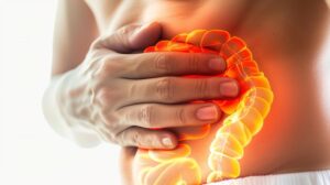 Person holding stomach with glowing gut area