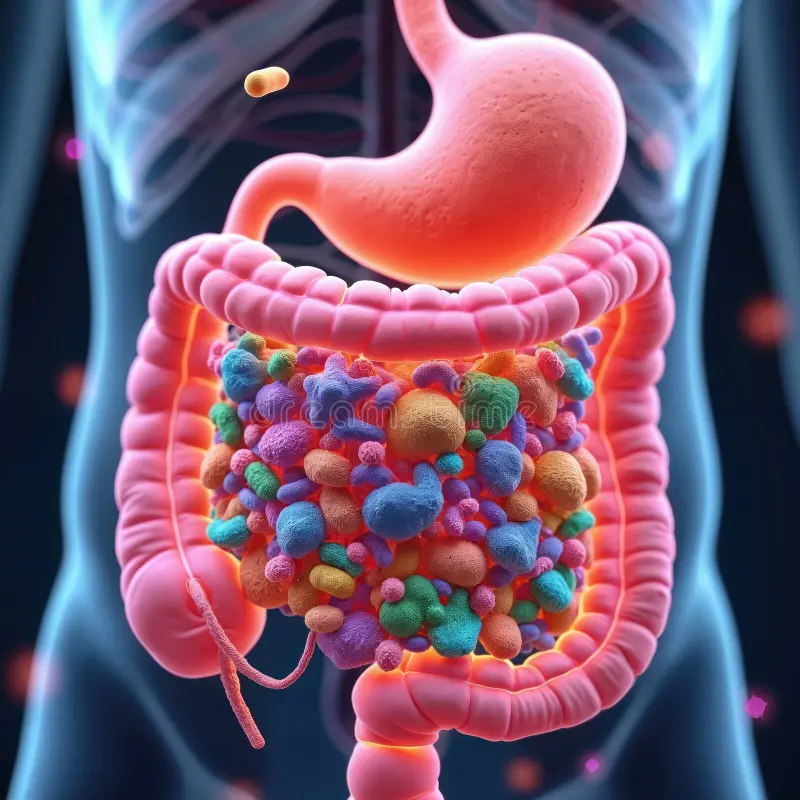 Colorful illustration of the digestive system and gut microbiome